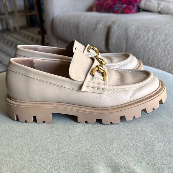 ZARA Beige Leather Gold Buckle Lug Sole Loafers Women - Picture 1 of 10